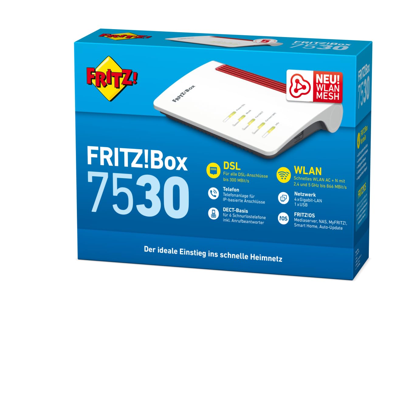 AVM FRITZ!Box 7530 WLAN AC+N Router – VDSL Supervectoring, Mesh, DECT-Basis, Mediaserver