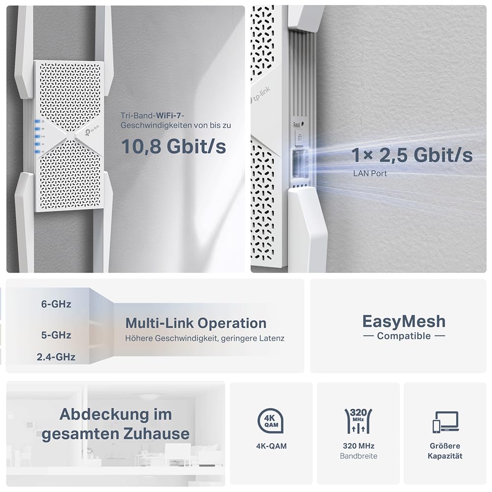 TP-Link RE655BE Tri-Band WiFi 7 Repeater – BE9300, EasyMesh, 2.5G LAN, WPA3