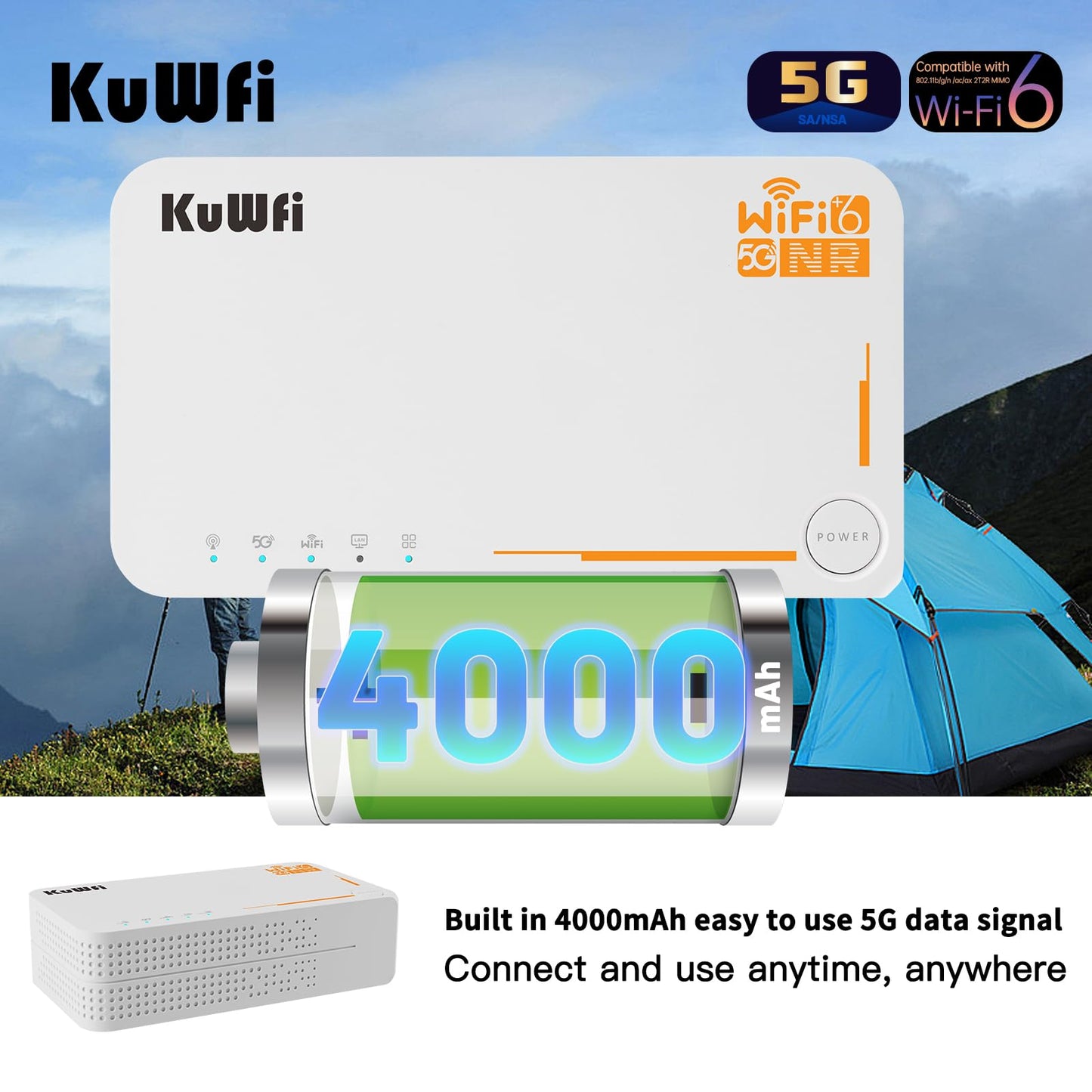 KuWFi 5G WiFi 6 Mobiler Router – AX3600 Dual-Band Hotspot mit SIM & eSIM, bis zu 2,5 Gbit/s