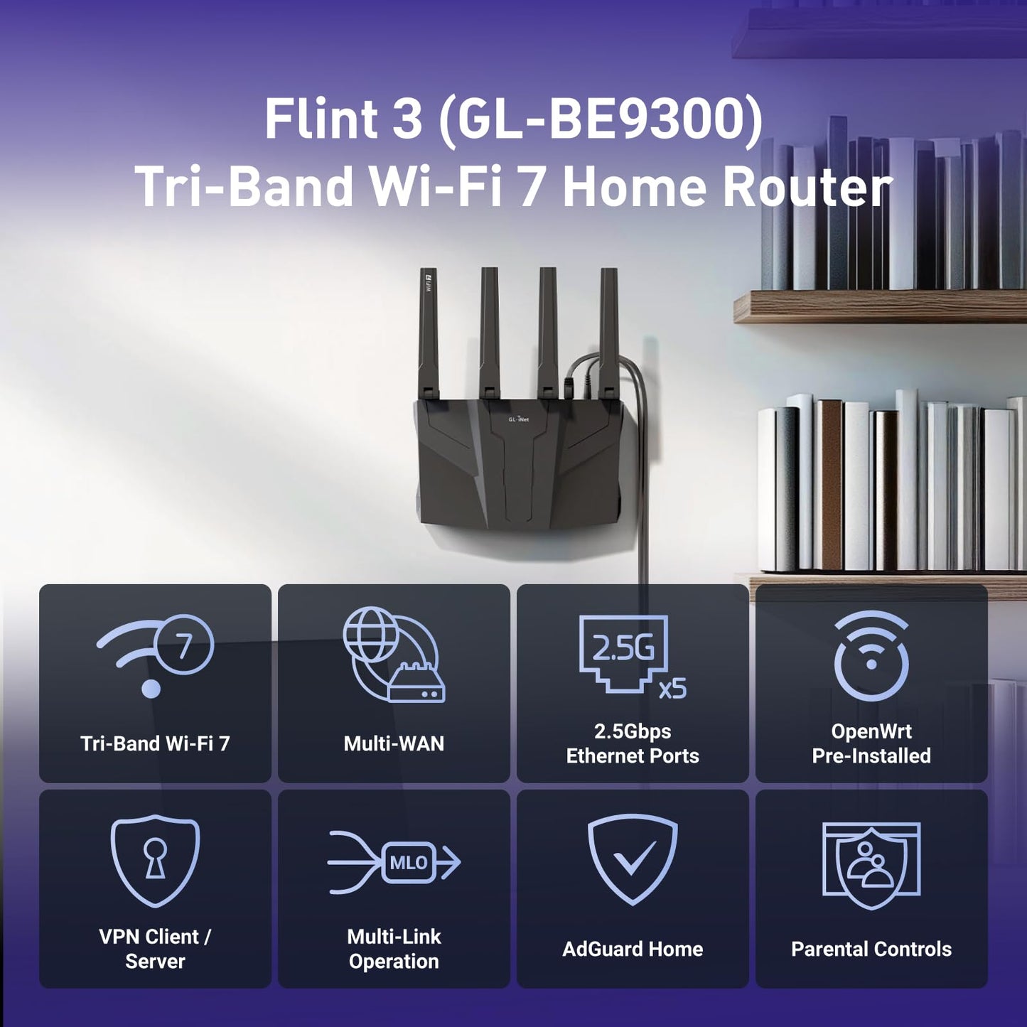GL.iNet GL-BE9300 Flint 3 Tri-Band WiFi 7 Router – 5×2.5G Ports, 6 GHz, VPN, Gaming & Home